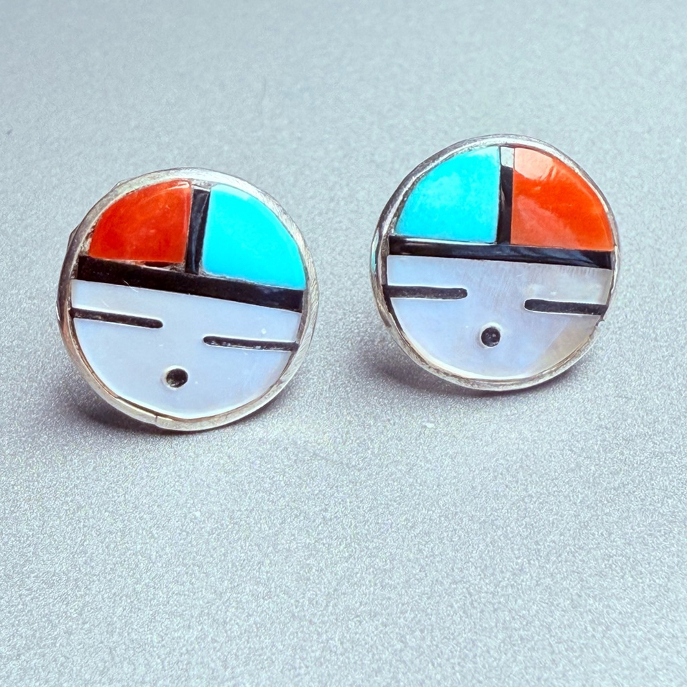 Native American Zuni Sunface Inlay Multi Gemstone Sterling Silver Stud Earrings